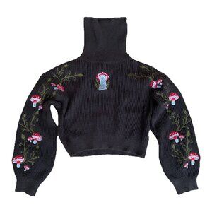 Romwe Sweater Mushroom Turtleneck Crop Fairycore Retro Brown Small Embroidered